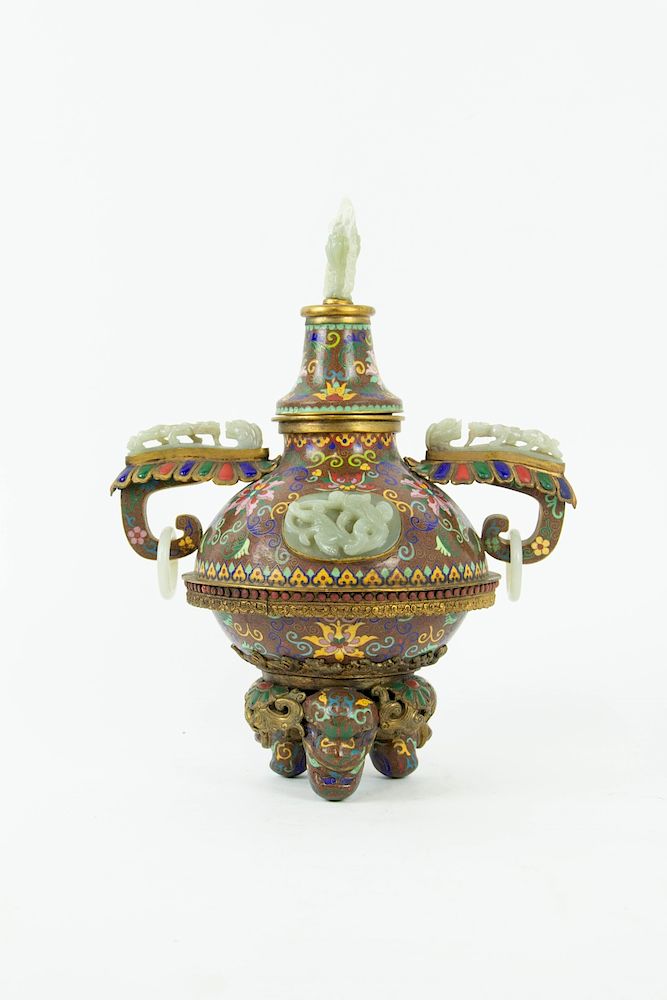 Appraisal: Jade Mounted Cloisonne Censer Brown shimmering ground with floral decorations