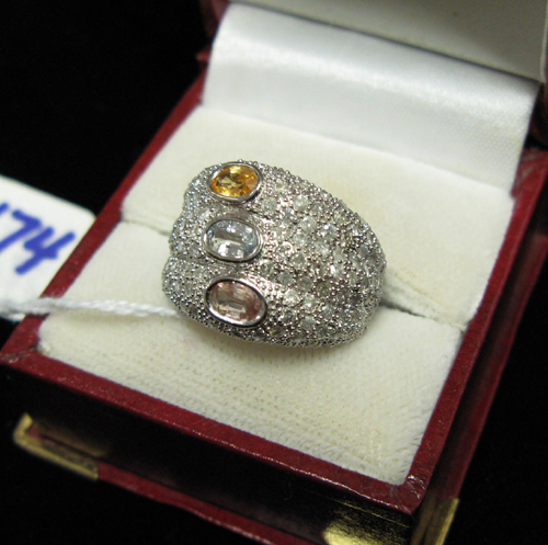 Appraisal: MULTI-COLOR SAPPHIRES DIAMONDS AND FOURTEEN KARAT WHITE GOLD RING WITH