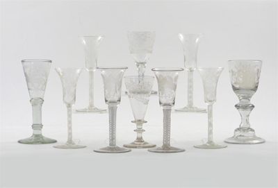 Appraisal: Twenty one various wine glasses nine engraved with grapevine above