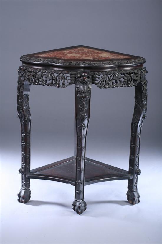 Appraisal: CHINESE CARVED FAN-SHAPED TEAKWOOD CORNER TABLE WITH RED MARBLE INSET