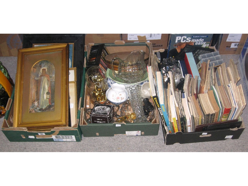 Appraisal: Lot comprising three boxes of bric-a-brac - framed pictures maps