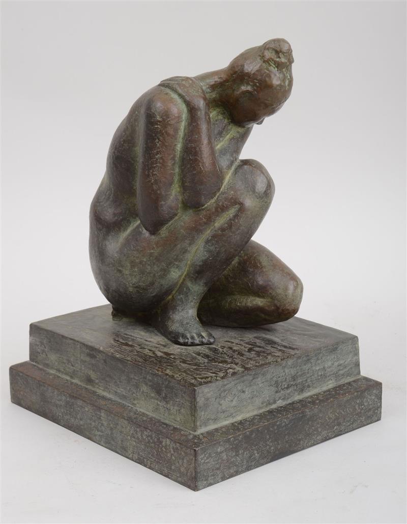 Appraisal: LATIN AMERICAN SCHOOL CROUCHING WOMAN Cast bronze incised 'JKB' and