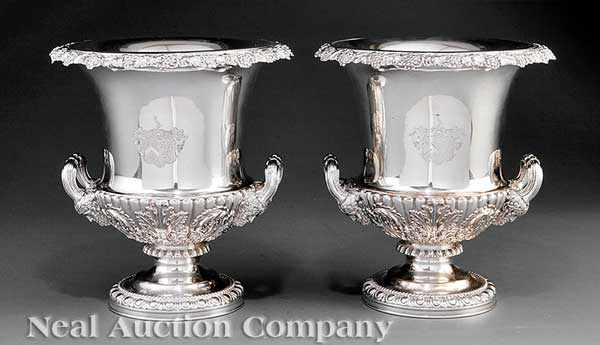 Appraisal: A Fine Pair of Georgian Sheffield Plate Campagna-Form Wine Coolers