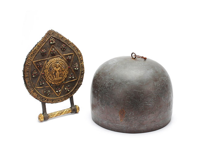 Appraisal: A TH CENTURY ORIENTAL COPPER HANGING ZEN CHIME with etched