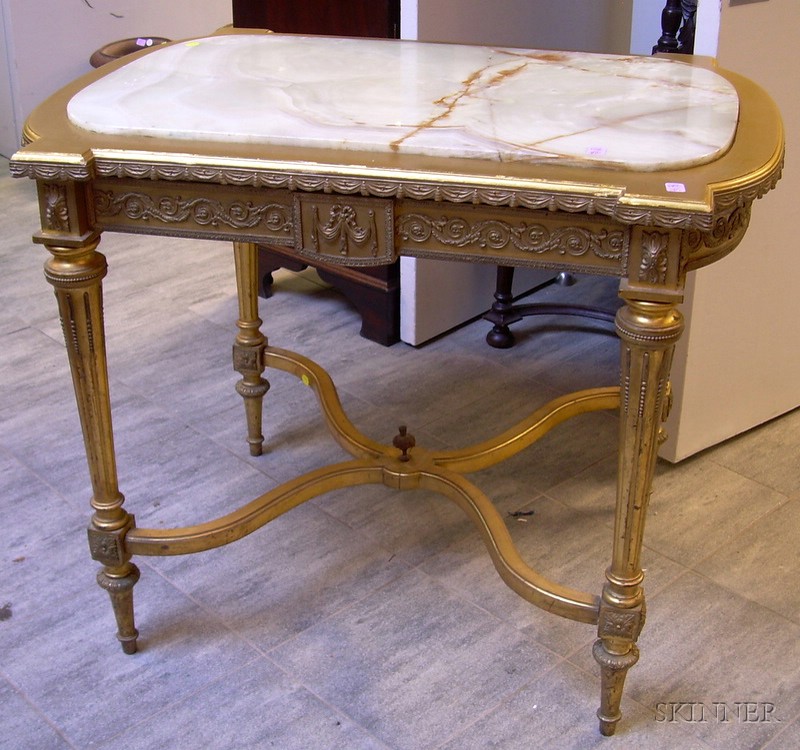 Appraisal: Louis XVI Style Onyx-inset Metal-mounted Giltwood Center Table