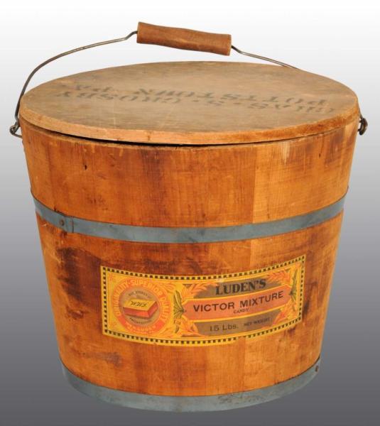 Appraisal: Wooden Luden's Victor Mixture Candy Bucket Description Original label on