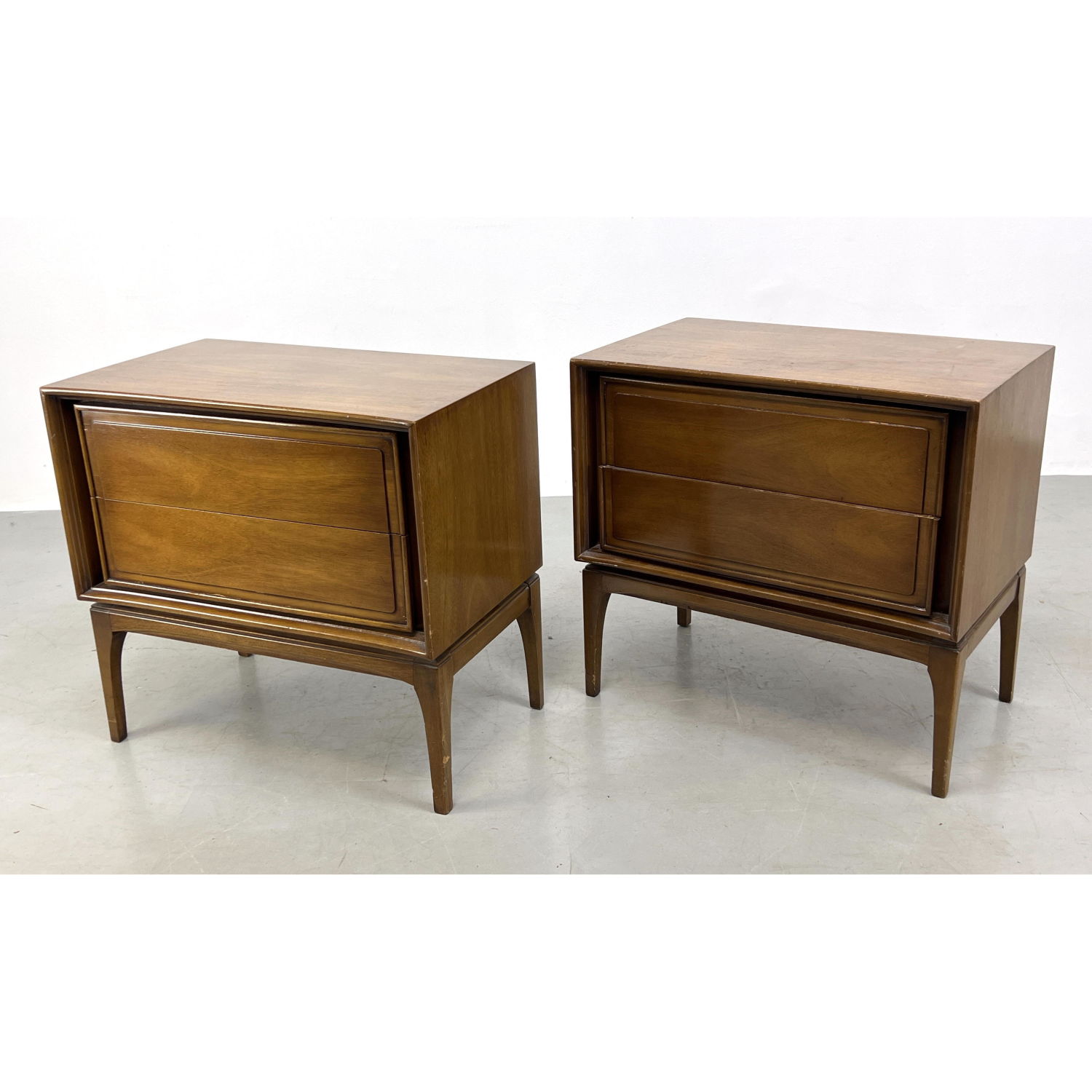 Appraisal: Pr American Modern Walnut Night Stands Two Drawer Stands Concave