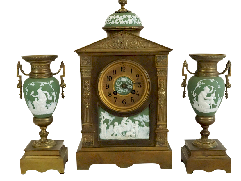 Appraisal: French Champleve Enamel Mantle Clock with Wedgwood Panels Urns Lot