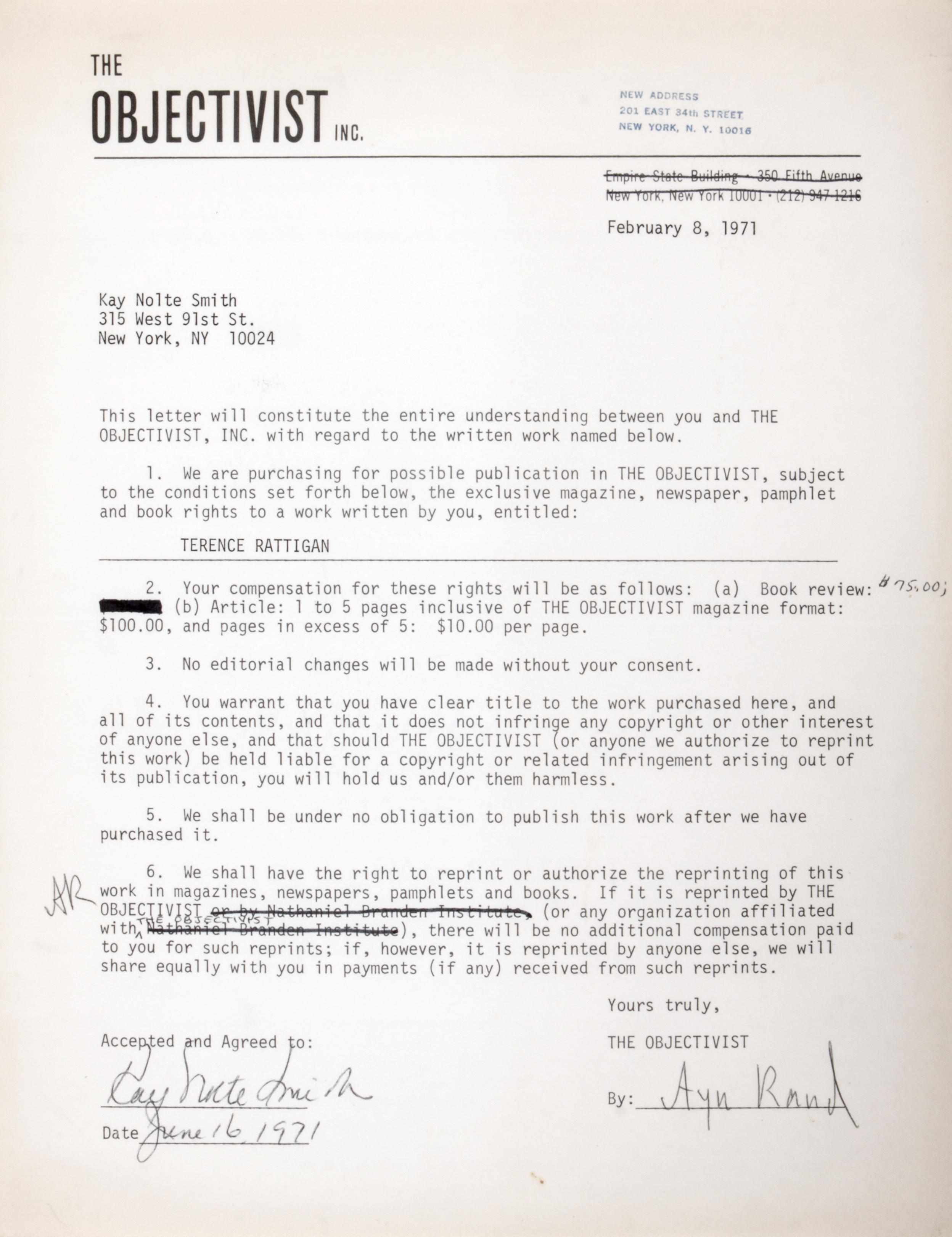 Appraisal: RAND AYN - Document Signed ''Ayn Rand'' p to New