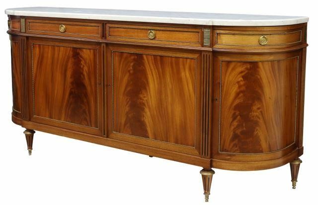 Appraisal: French Louis XVI style marble-top mahogany sideboard NF Meuble mid