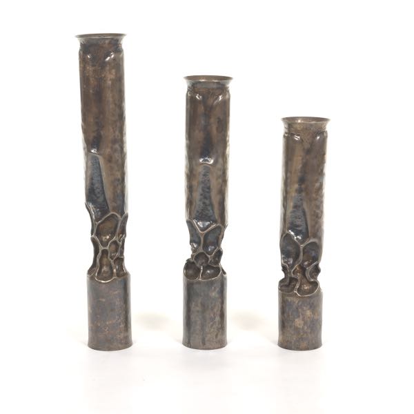 Appraisal: THOMAS ROY MARKUSEN SILVER-TONE CANDLESTICKS x tallest Tortured Brutalist sculptural