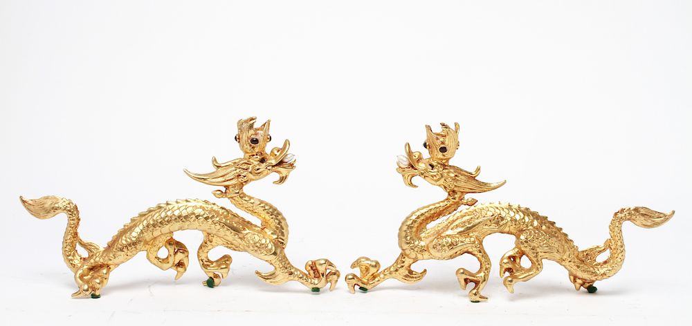 Appraisal: Gilt Metal Dragon Garnet Pearl Candleholders Pr Gilt metal dragons