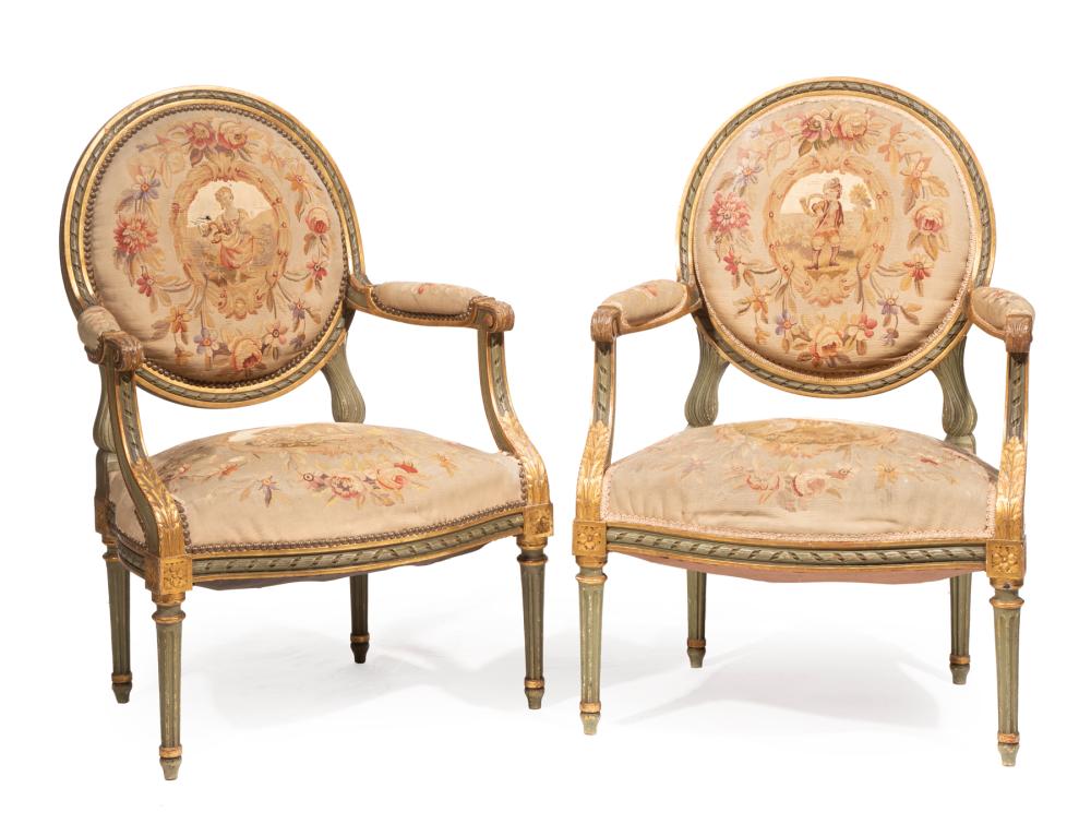 Appraisal: Pair of Louis XVI-Style Painted and Parcel Gilt Fauteuils round