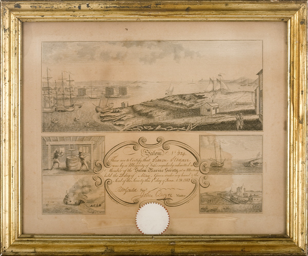 Appraisal: SALEM MARINE SOCIETY CERTIFICATE NO Engraved document with views of