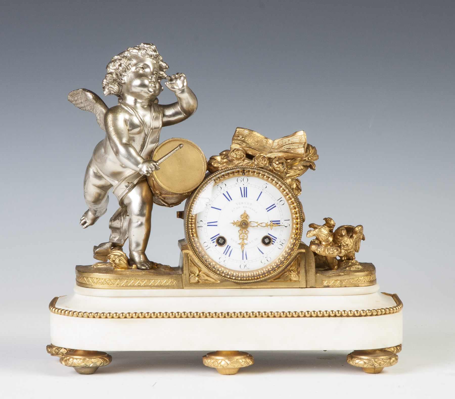 Appraisal: French Gilt Bronze Patinaed Metal Marble Mantle Clock th cent