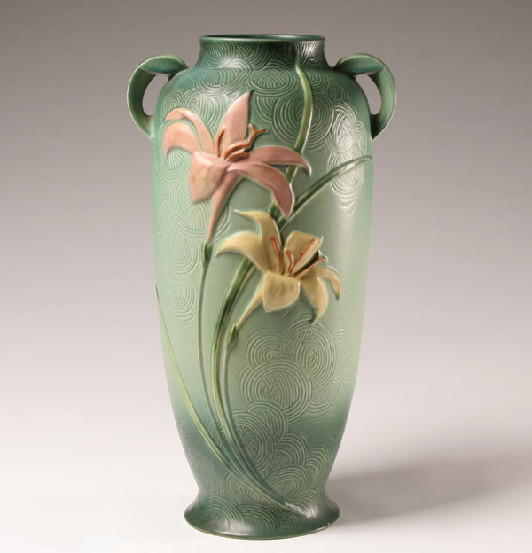 Appraisal: Roseville two handled zephyr lily floor vase H Good condition