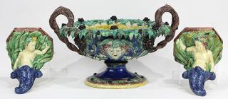 Appraisal: lot of French Palissy style majolica centerpiece lot of French