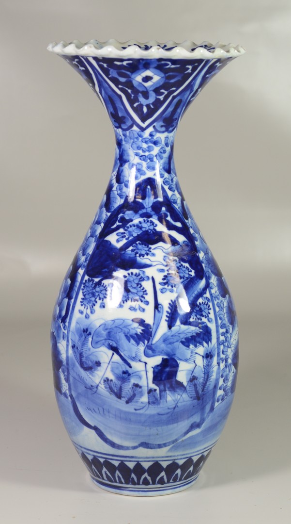 Appraisal: Japanese Blue and White Porcelain Vase with Ruffled Top cranes