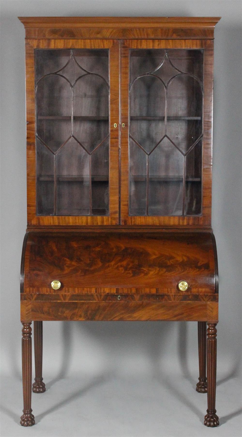 Appraisal: FINE ENGLISH REGENCY BANDED MAHOGANY CYLINDER SECRETARY BOOKCASE CIRCA having