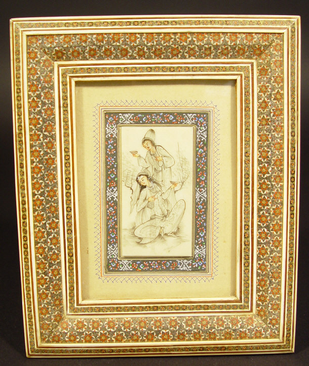 Appraisal: Middle Eastern painting of lovers onto bone panel in a