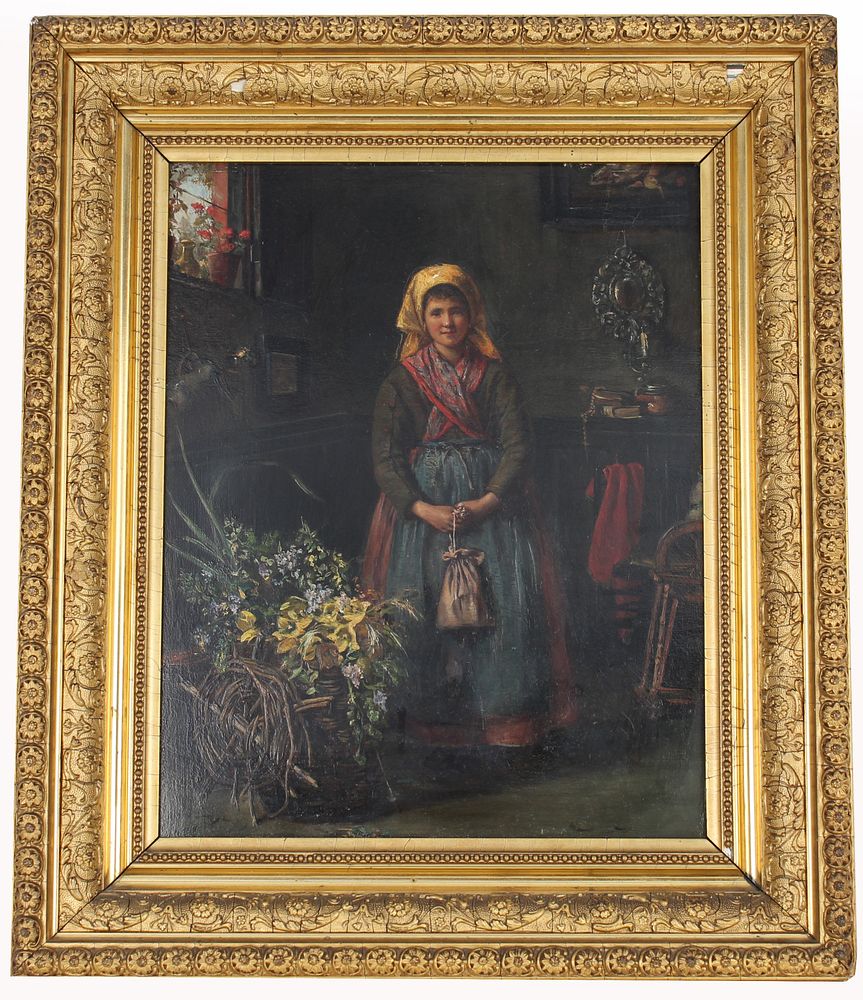 Appraisal: Signed th C Interior Painting of Young Girl Signed th