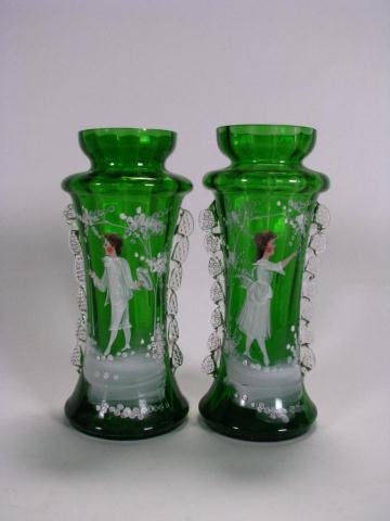 Appraisal: Pair of Mary Gregory Style Vases high green glass with