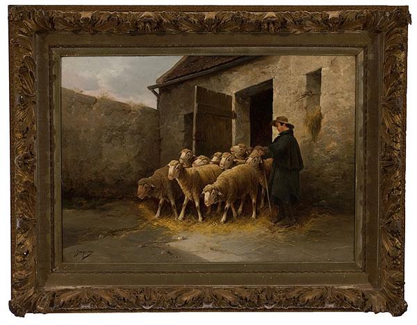 Appraisal: THE SHEPHERD BY JAQUELIES oil on canvas signed lower right