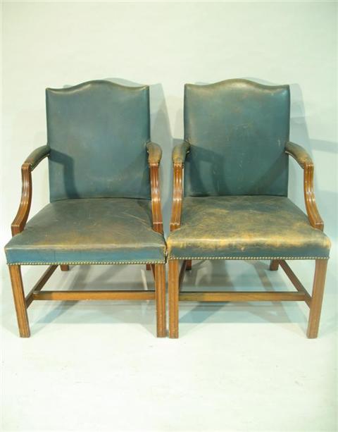 Appraisal: PAIR CHIPPENDALE STYLE LEATHER ARMCHAIRS h w d in Provenance