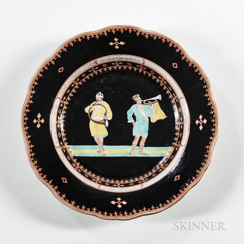 Appraisal: Export Black-ground Trumpeter Dish Export Black-ground Trumpeter Dish China with