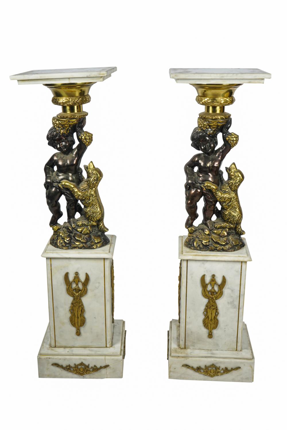 Appraisal: PAIR OF BRONZE MARBLE PEDESTALSrectangular top set above cherub pedestal