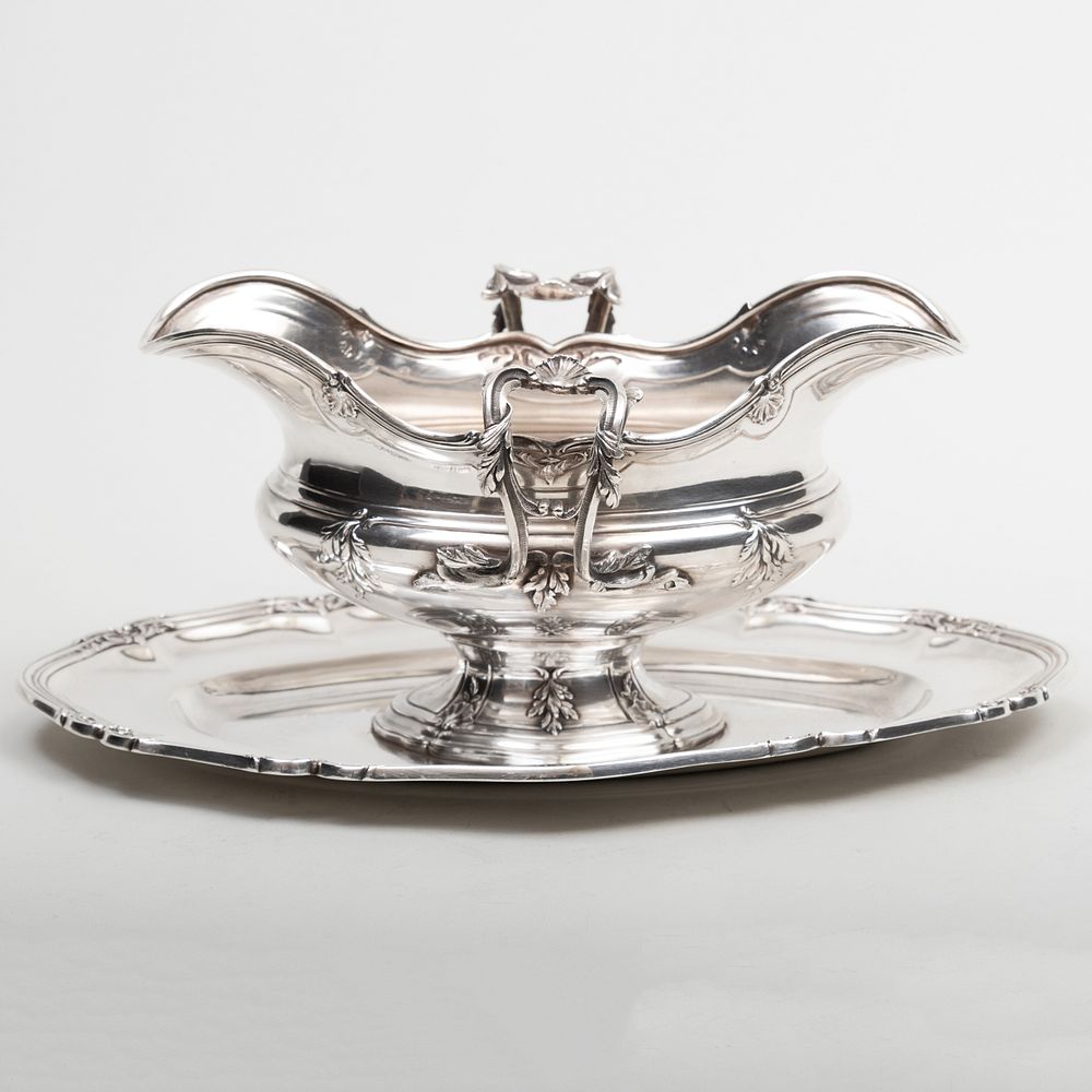 Appraisal: French Silver Oval Double Lipped Sauce Boat on Stand Marked