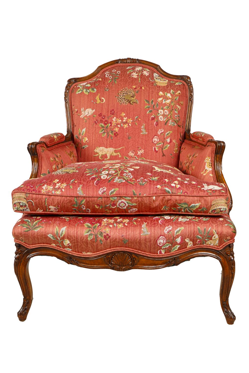 Appraisal: LOUIS XV STYLE BERGEREfist hald th century with red floral