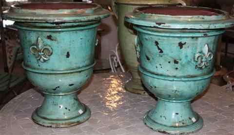 Appraisal: PAIR OF SMALL FRENCH ANDUZE BLUE-GREEN GLAZED TERRA COTTA URNS