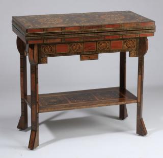 Appraisal: Moroccan marquetry inlaid games table Moroccan games table marquetry inlaid