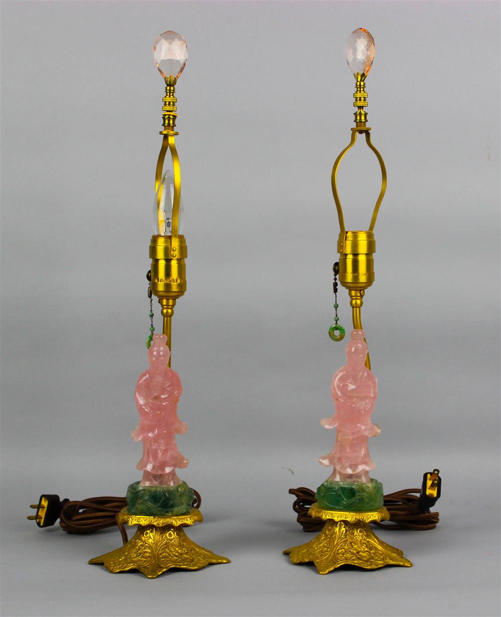 Appraisal: PAIR OF CHINESE ROSE QUARTZ FIGURES OF GUANYIN SET ATOP