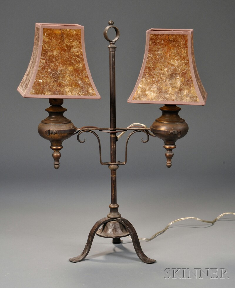 Appraisal: Iron and Brass Two-light Table Lamp with Two Mica Shades