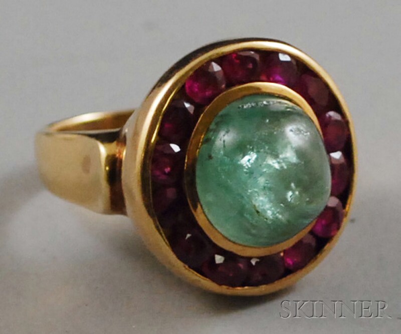 Appraisal: Gentleman's Oversized kt Gold Cabochon Emerald and Pink Gemstone Ring