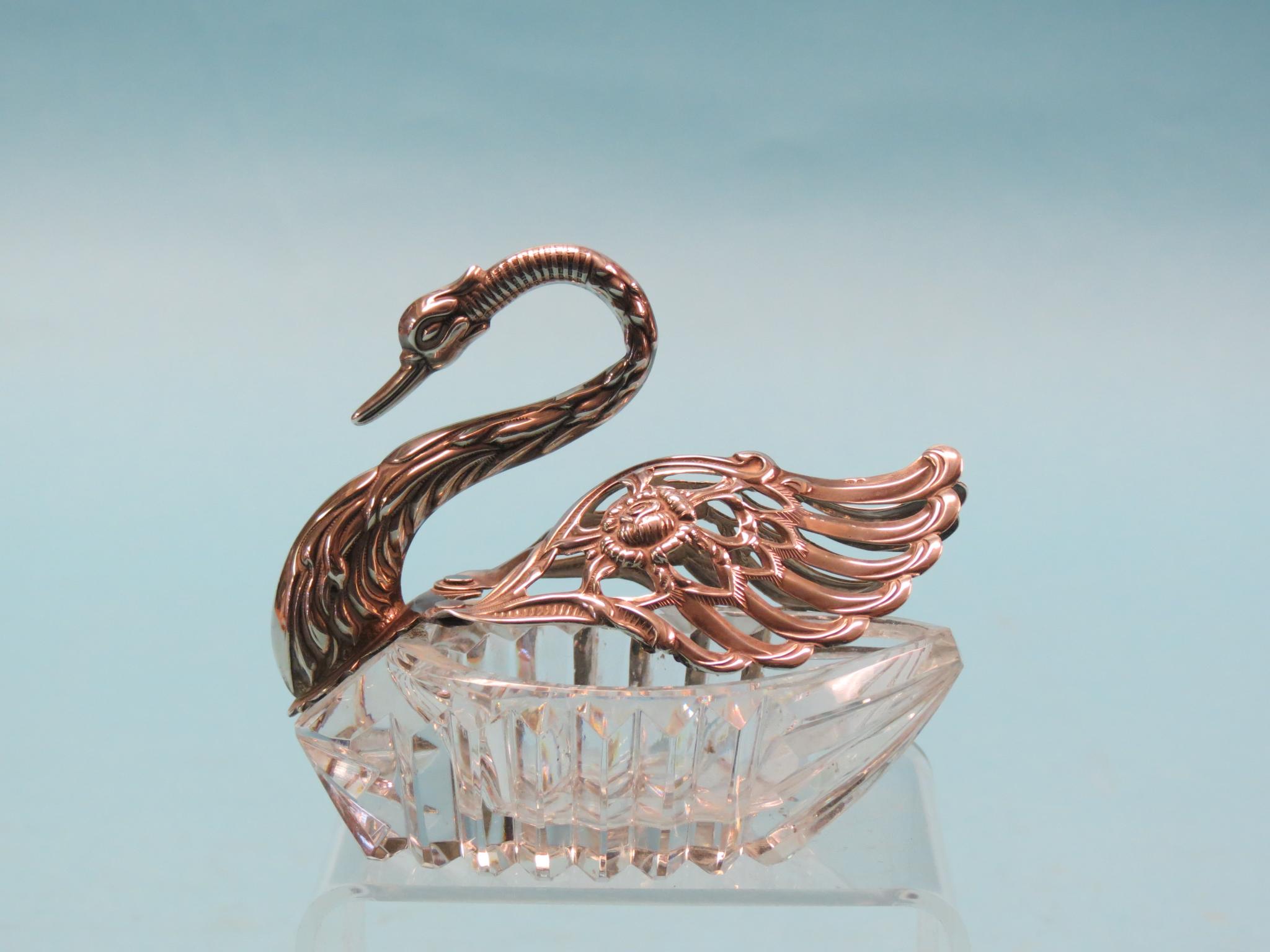 Appraisal: A silver-mounted glass swan dish London import marks