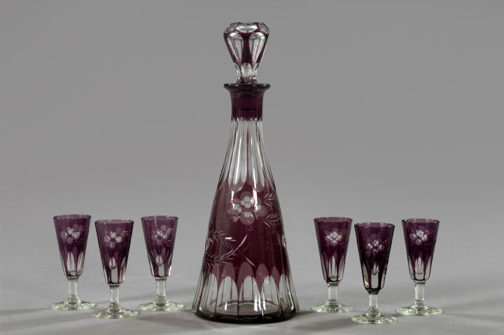 Appraisal: Seven-Piece Bohemian Cased Amethyst-over-Clear Glass Liqueur Set second quarter th