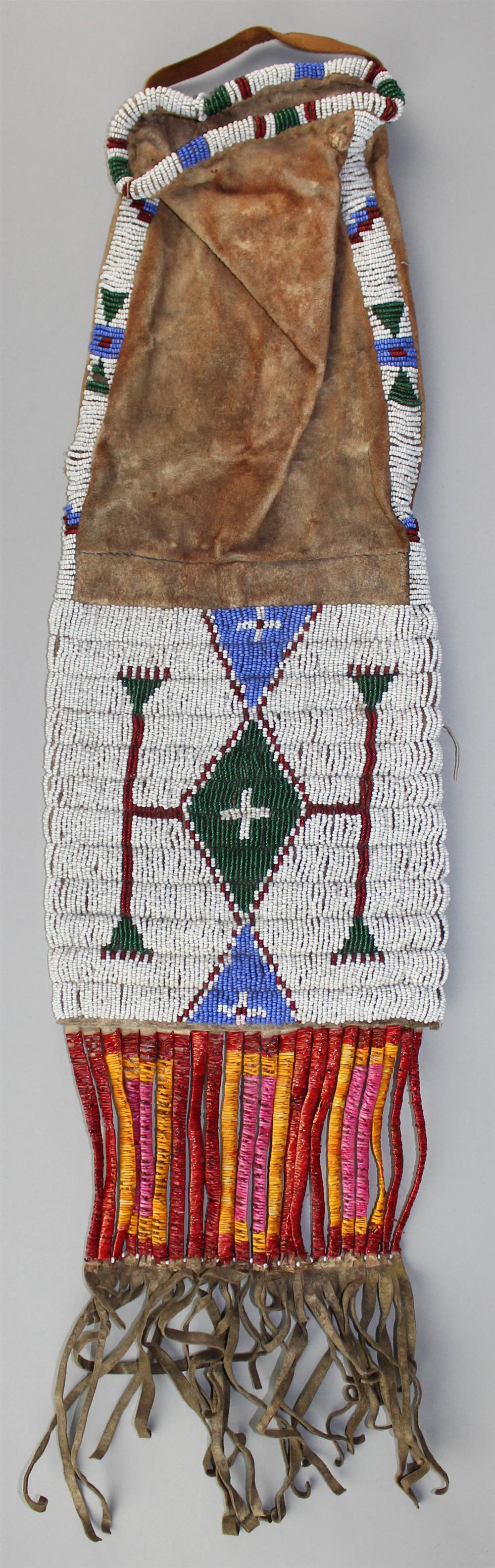 Appraisal: PLAINS BEADED AND QUILLED HIDE PIPE BAG multicolored geometric devices