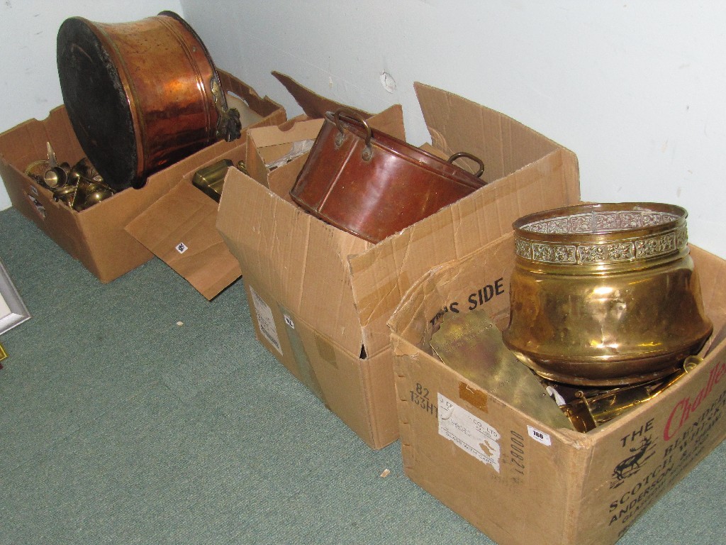 Appraisal: Four boxes of various brass and copper wares including large