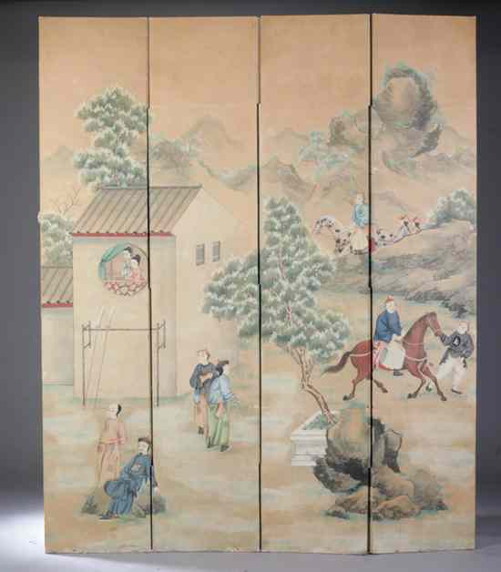 Appraisal: CONTEMPORARY HAND-PAINTED PAPER FOUR-FOLD FLOOR SCREEN Figural decorations against mountain