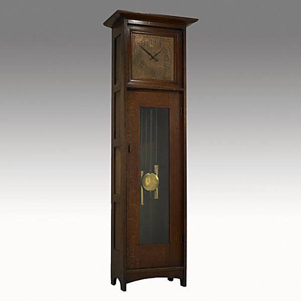 Appraisal: L AND J G STICKLEYGrandfather clock with etched copper faceUnmarked