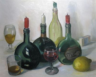 Appraisal: Ken Leech th Century Still life - bottles and glasses