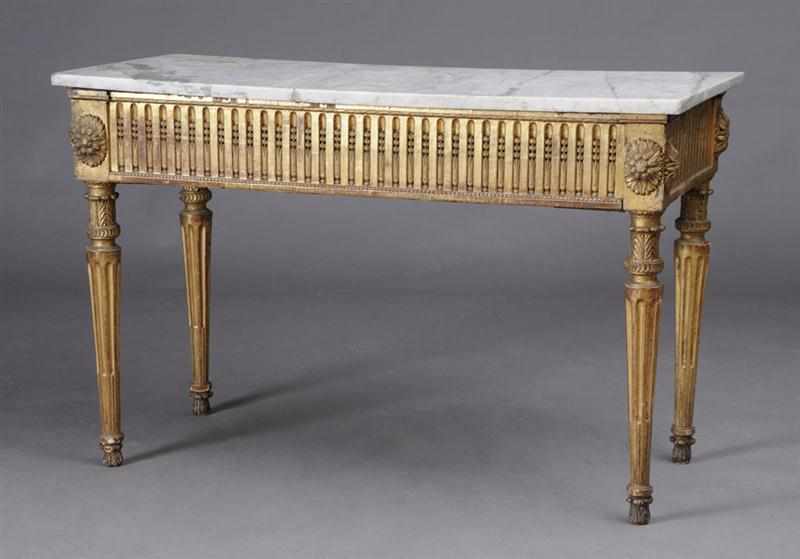 Appraisal: LOUIS XVI CARVED GILTWOOD CONSOLE TABLE The rectangular veined white