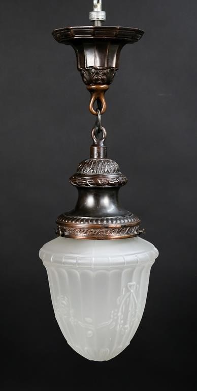 Appraisal: Bronze hanging pendant light with frosted glass shade L Some