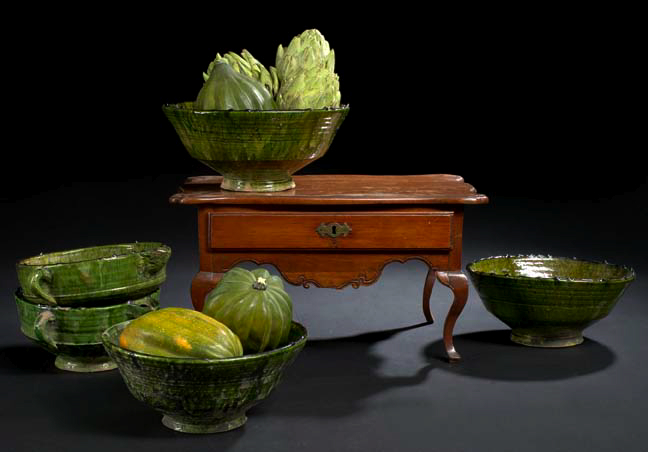 Appraisal: French Provincial Dappled Green-Glazed Two-Handled Spouted and Footed Batter Bowl