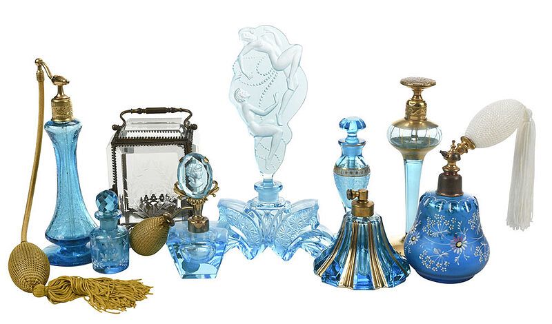 Appraisal: Eight Turquoise Perfume and Atomizers Bottles one possibly Imperial Glass