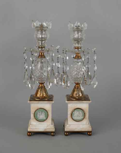 Appraisal: Pair of English crystal brass and marble girandoles th c