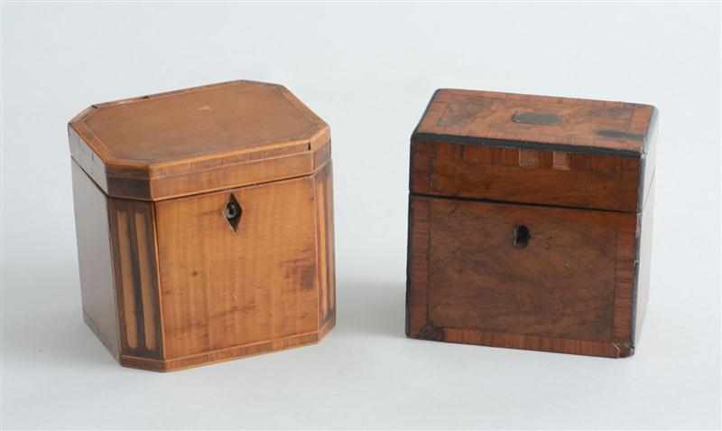 Appraisal: GEORGE III INLAID MAHOGANY TEA CADDY AND AN INLAID WALNUT